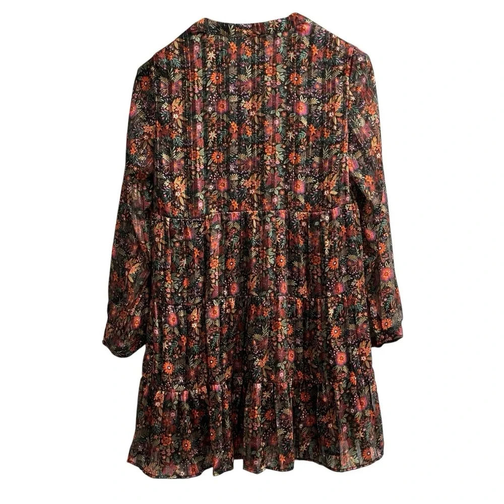 Soft Surroundings Dress Dark Floral Chiffon Tiered Mini Size S Boho Peasant - Picture 2 of 9